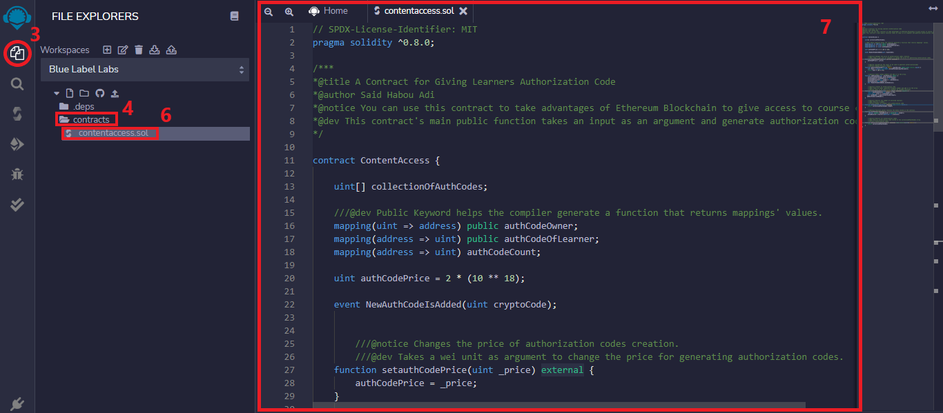 Remix IDE's interface with numbered steps on how to create a Solidity file.