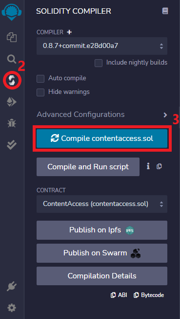 Compiling a smart contract using Remix IDE.