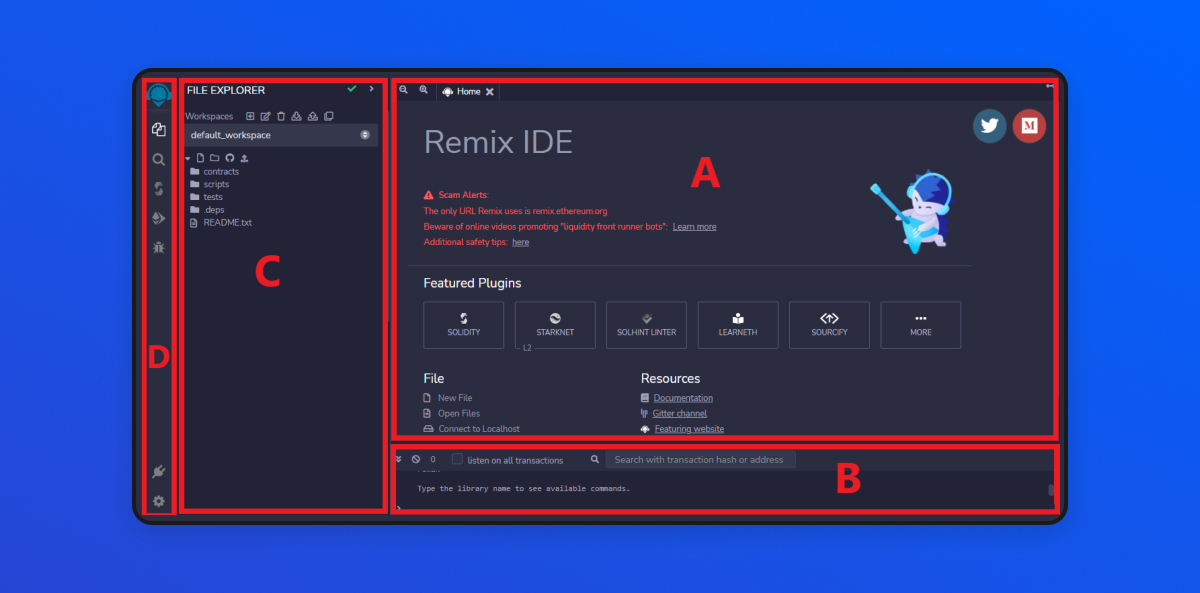 Remix IDE's interface's four sections.