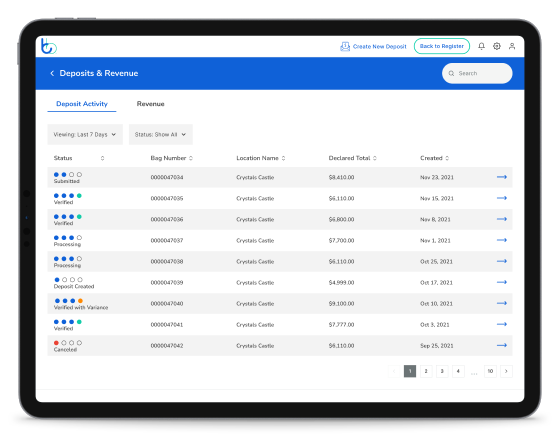 BLUbeem by Brink's cash-deposit dashboard on tablet and phone